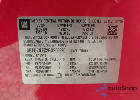 2016 GMC Sierra 1500 Slt from USA, damaged, VIN 3GTU2NEC2GG206826